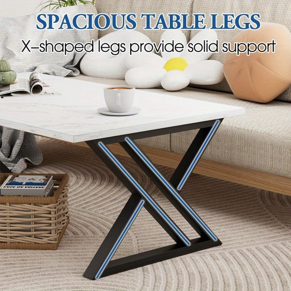 Faux Marble Coffee Table Rectangular with Sturdy Metal Frame, Modern Industrial Center Table for Living Room Bedroom Home Office