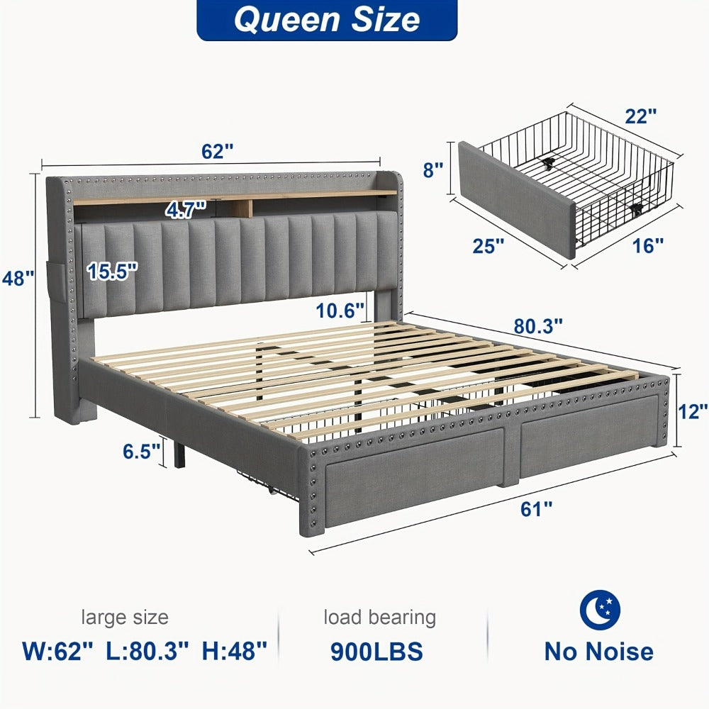 King Size Upholstered Bed Frame with Storage 2 Drawers 2-Tier Headboard Wood Slats No Box Spring Noise-Free Easy Assembly Modern Grey Beige