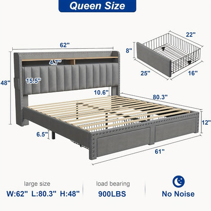 King Size Upholstered Bed Frame with Storage 2 Drawers 2-Tier Headboard Wood Slats No Box Spring Noise-Free Easy Assembly Modern Grey Beige