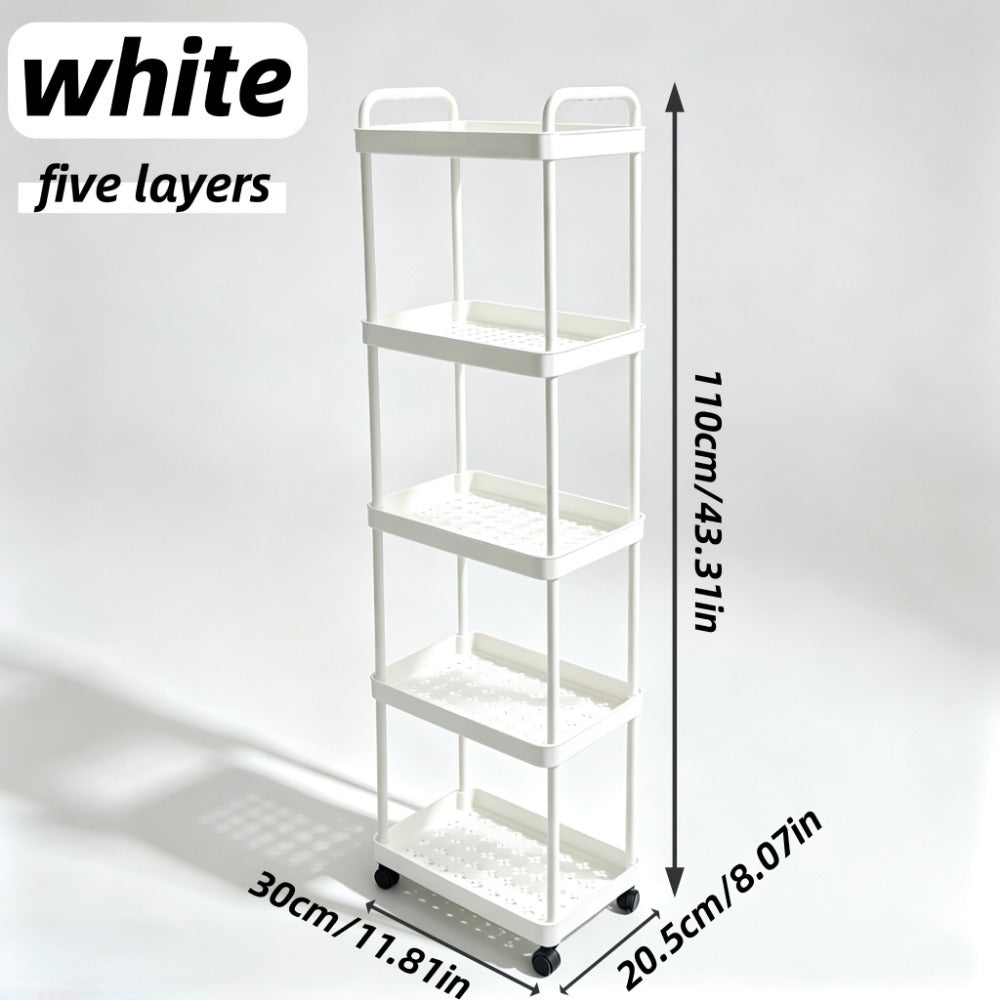 4 or 5-Tier Rolling Storage Trolley Rack – Movable Multi-Layer Floor Organizer for Bathroom, Kitchen & Toilet, White or Black