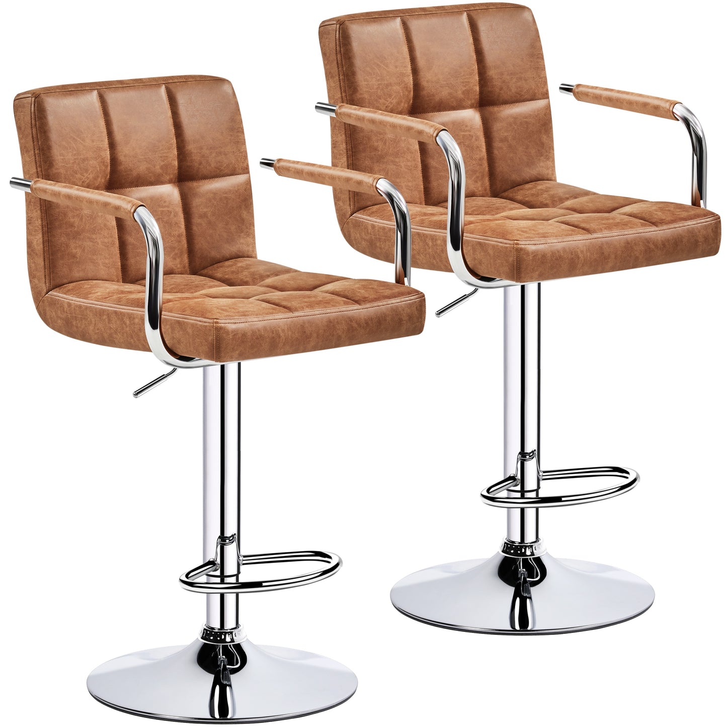Costoffs 2pcs PU Leather Bar Stools Adjustable Swivel Stools Kitchen Chairs with Large Steel Base, Backrests & Footrest for Dining Room, Kitchen Island, Home Bar Counter, Christmas Gift