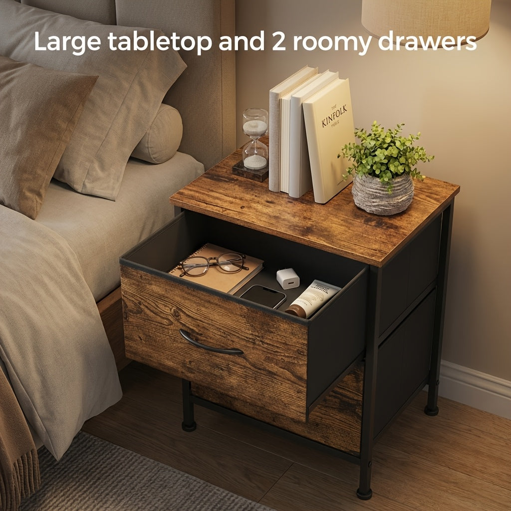 2 Drawer Dresser for Bedroom, Fabric Storage Chest Nightstand, Sturdy Steel Frame MDF Top, Non-Woven Drawer Organizer Unit for Closet Entryway