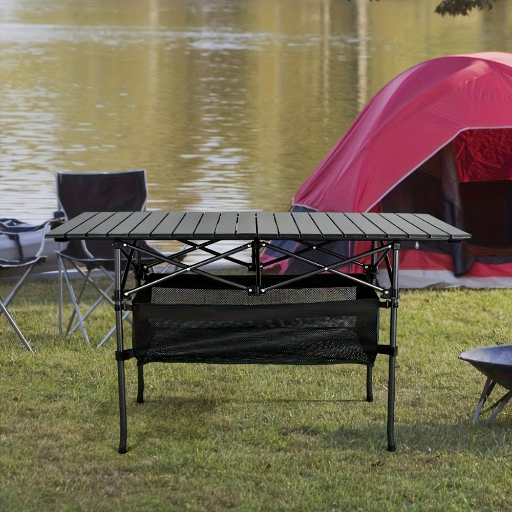 Folding Camping Table Adjustable Height – Portable Iron Picnic Backpack Table with Mesh Pocket & Carry Bag for Camping, BBQ, Beach, Backyard & Parties
