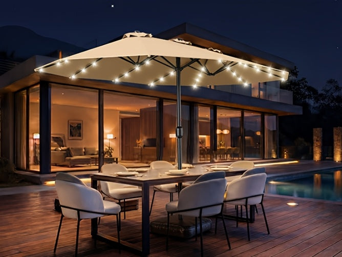 [Double Sided Umbrella] 13ft Double Sided Patio Umbrella with Solar Lights, Includes Stand Base, Outdoor Large Patio Umbrella with Crank Handle, Outdoor Extra Large Market Table Umbrella, 12 Heavy-duty Ribs, for Outside, Market, Patio, Deck, Swimming Pool