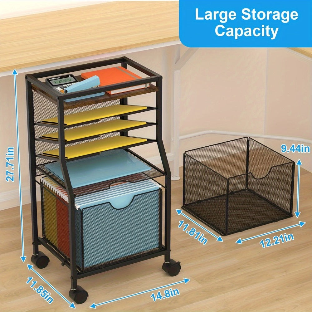 Rolling File Cart with Drawer for Hanging File Folders – Under Desk Office Cart with Paper Trays, Wood & Mesh 3-in-1 File Organizer, 14.8"L x 11.8"D x 27.7"H