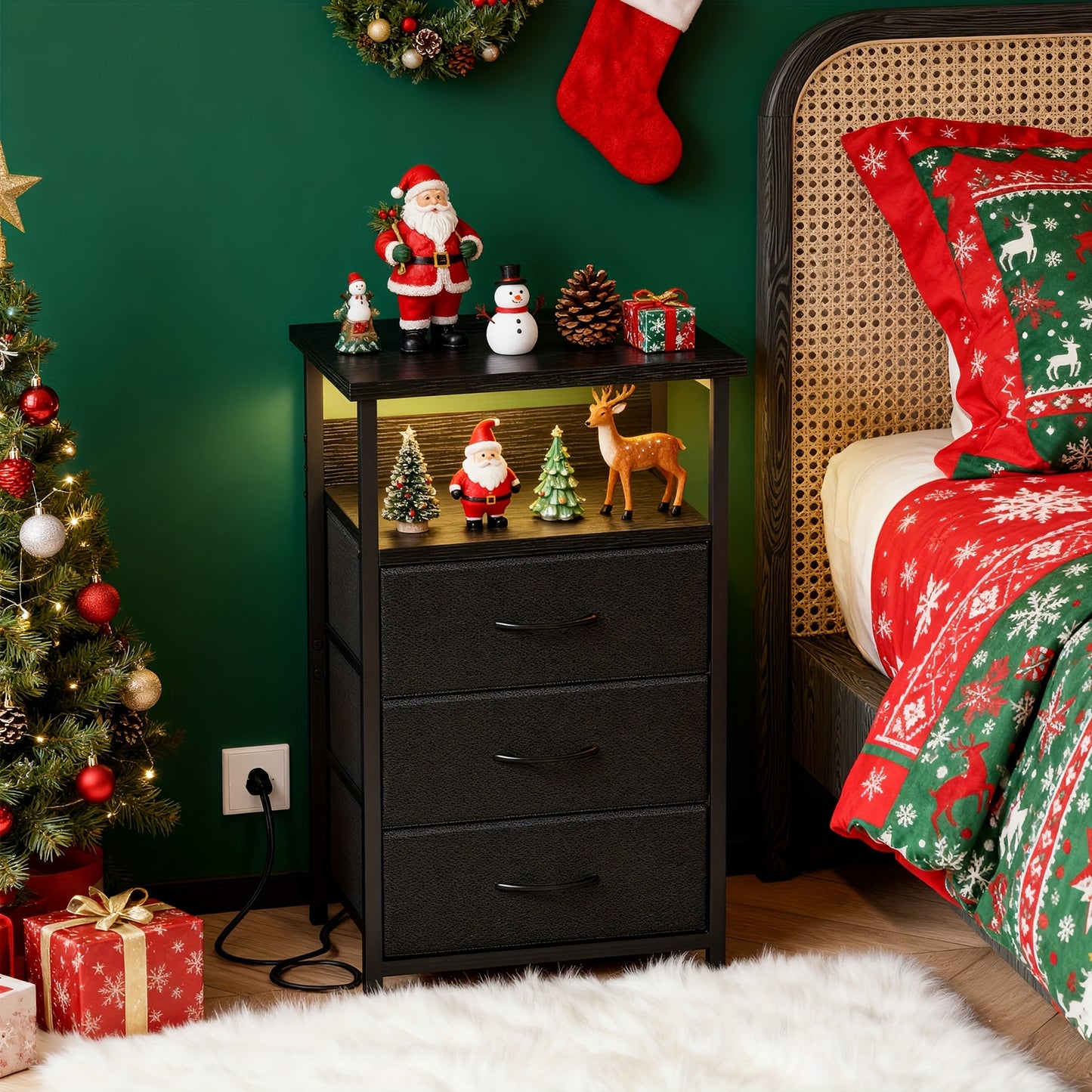 [Halloween Christmas] TOMNK Night Stand With Charging Station Set Of 1/2, Dresser For Bedroom With LED Light, Side Table With USB Port, 3/4 Fabric Drawers With PU End, For Small Spaces, Closet, School And Dormitory Storage, Entryway, For Halloween And Chr