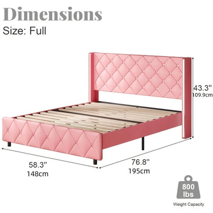 Diamond Tufted Bed Frame with Wingback Headboard & Silvery Side Wings – Upholstered, No Box Spring, Twin Full Queen King, 6 Colors