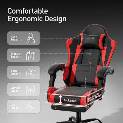 Ergonomic Gaming Chair with Retractable Footrest & Detachable Lumbar Support 360 Degree Swivel Racing Style PU Leather Computer Gaming Chair with Headrest for Home Bedroom Office