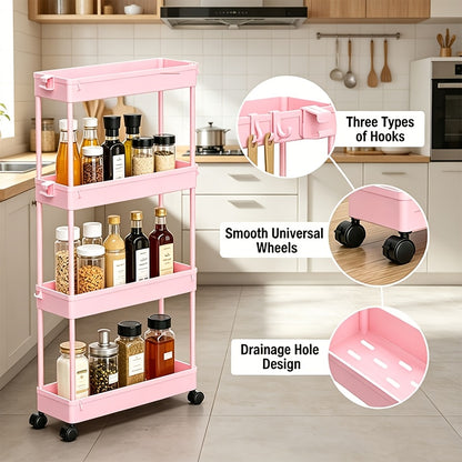 4 Tier Slim Rolling Storage Cart with Wheels, Kitchen Organizer Utility Cart, Utility Cart, 4-Wheel Space-Saving Mobile Organizer, Mobile Shelving Unit Tower Rack, for Narrow Space On Kitchen Bathroom Laundry Room Bedroom Apartments Dormitory