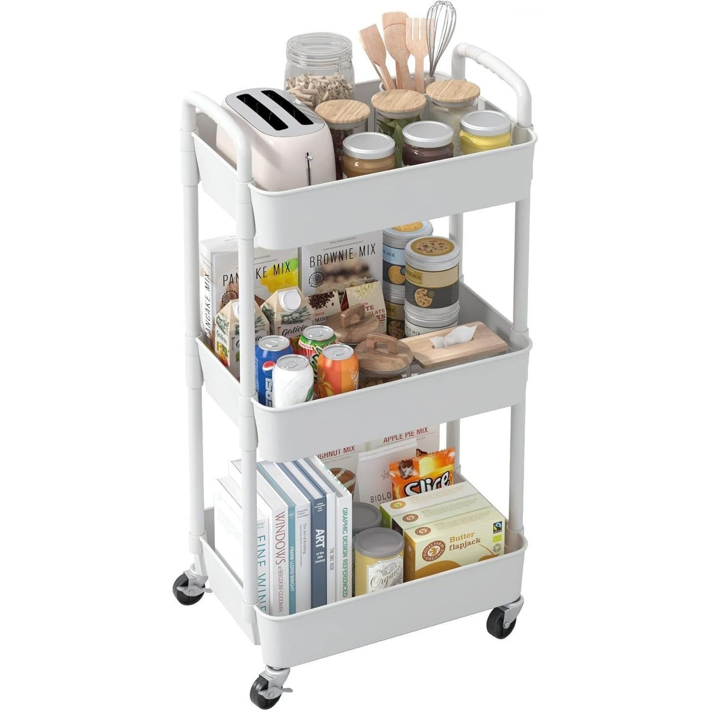 3-Tier Plastic Rolling Utility Cart with Handle, Multi-Functional Storage Trolley for Office, Living Room, Kitchen, Movable Storage Organizer with Wheels