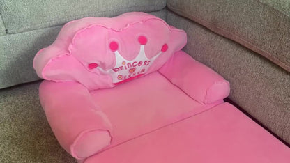 Kids Sofa Princess Crown Pink - 2-in-1 Flip Open Kids Couch & Lounger | Machine Washable Plush Cover & Certified Safe Foam | Dreamy Reading Nook Chair For Girls