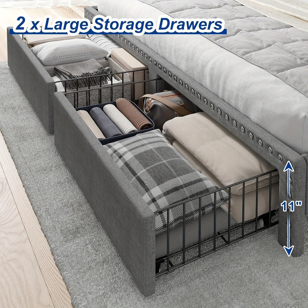 King Size Upholstered Bed Frame with Storage 2 Drawers 2-Tier Headboard Wood Slats No Box Spring Noise-Free Easy Assembly Modern Grey Beige