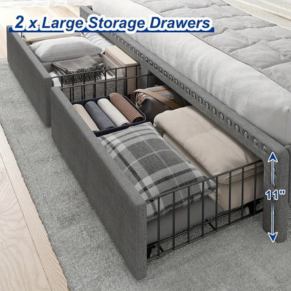 King Size Upholstered Bed Frame with Storage 2 Drawers 2-Tier Headboard Wood Slats No Box Spring Noise-Free Easy Assembly Modern Grey Beige