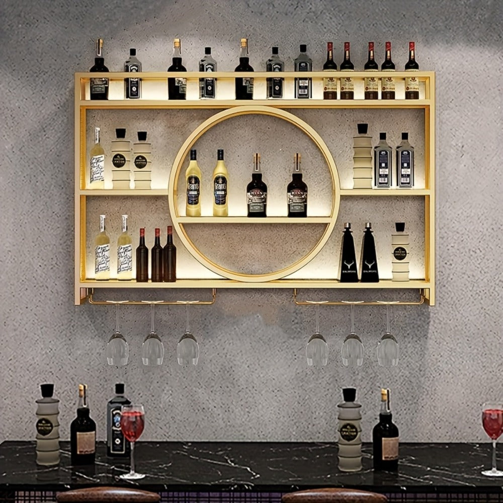 Wall Mounted Wine Rack with LED Lighting, 3-Tier Floating Bottle & Glass Holder Shelf, Iron Beverage Display Rack for Kitchen Living Room Bar, Gold & Black, 3 Sizes