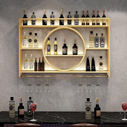 Wall Mounted Wine Rack with LED Lighting, 3-Tier Floating Bottle & Glass Holder Shelf, Iron Beverage Display Rack for Kitchen Living Room Bar, Gold & Black, 3 Sizes