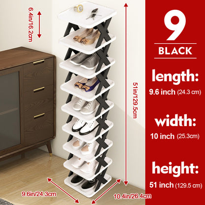 6/9 Tier Narrow Shoe Rack Give Away Shoehorns, Small Vertical Shoe Stand, Space Saving DIY Free Standing Shoes Storage Organizer for Entryway, Closet, Hallway, Easy Assembly and Stable in Structure, White and Green / Black / Blue