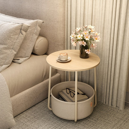 Small Round Side End Table with Fabric Basket Storage Modern Nightstand Accent Table for Bedroom Living Room Sofa 6 Colors Available