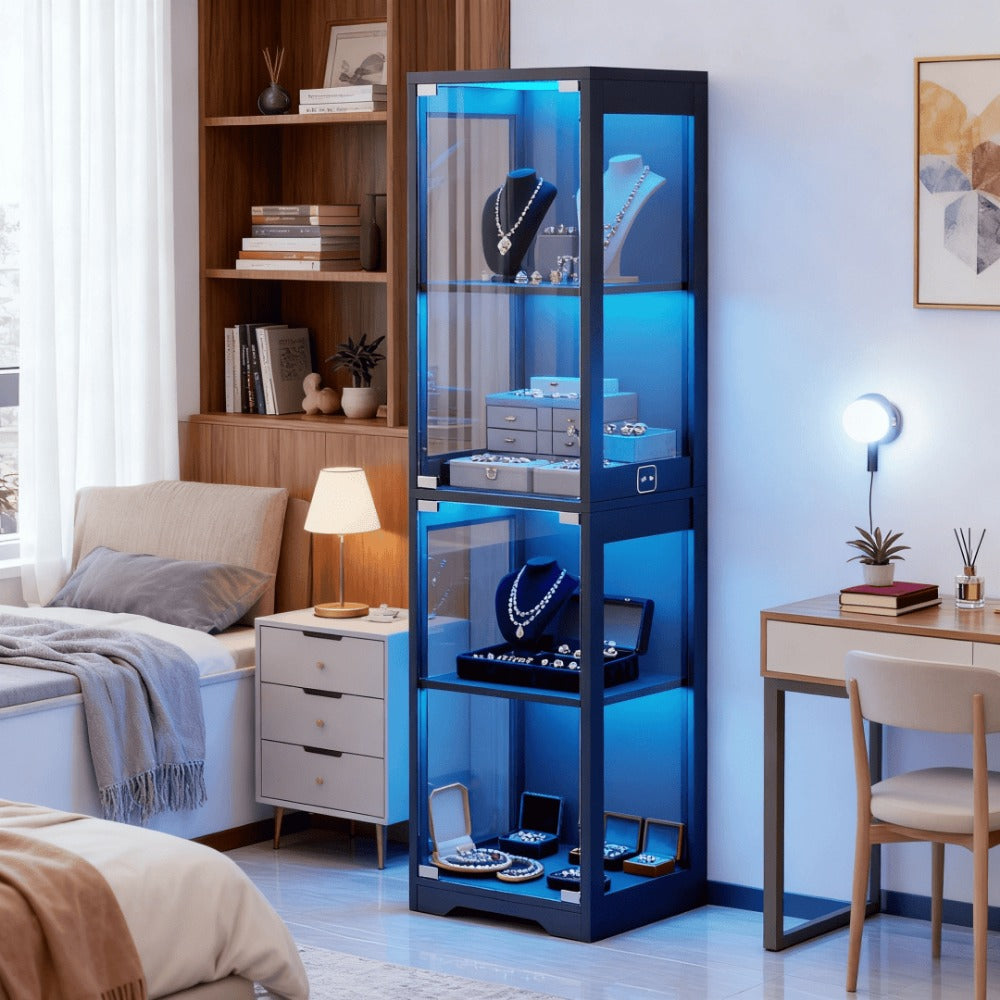 4-Tier Glass Display Cabinet with 3 LED Lights & Motion Sensor – Single Door Curio Cabinet for Tableware, Wine & Collectibles in Dining Room & Living Room