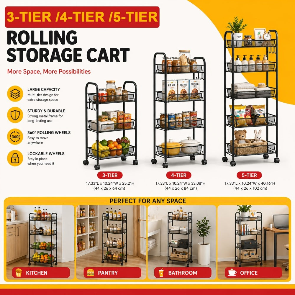 3/4/5-Tier Metal Rolling Storage Cart with Hooks & Mesh Baskets – 360° Swivel Wheels Kitchen Trolley for Narrow Gaps, Bathroom, Office & Garage
