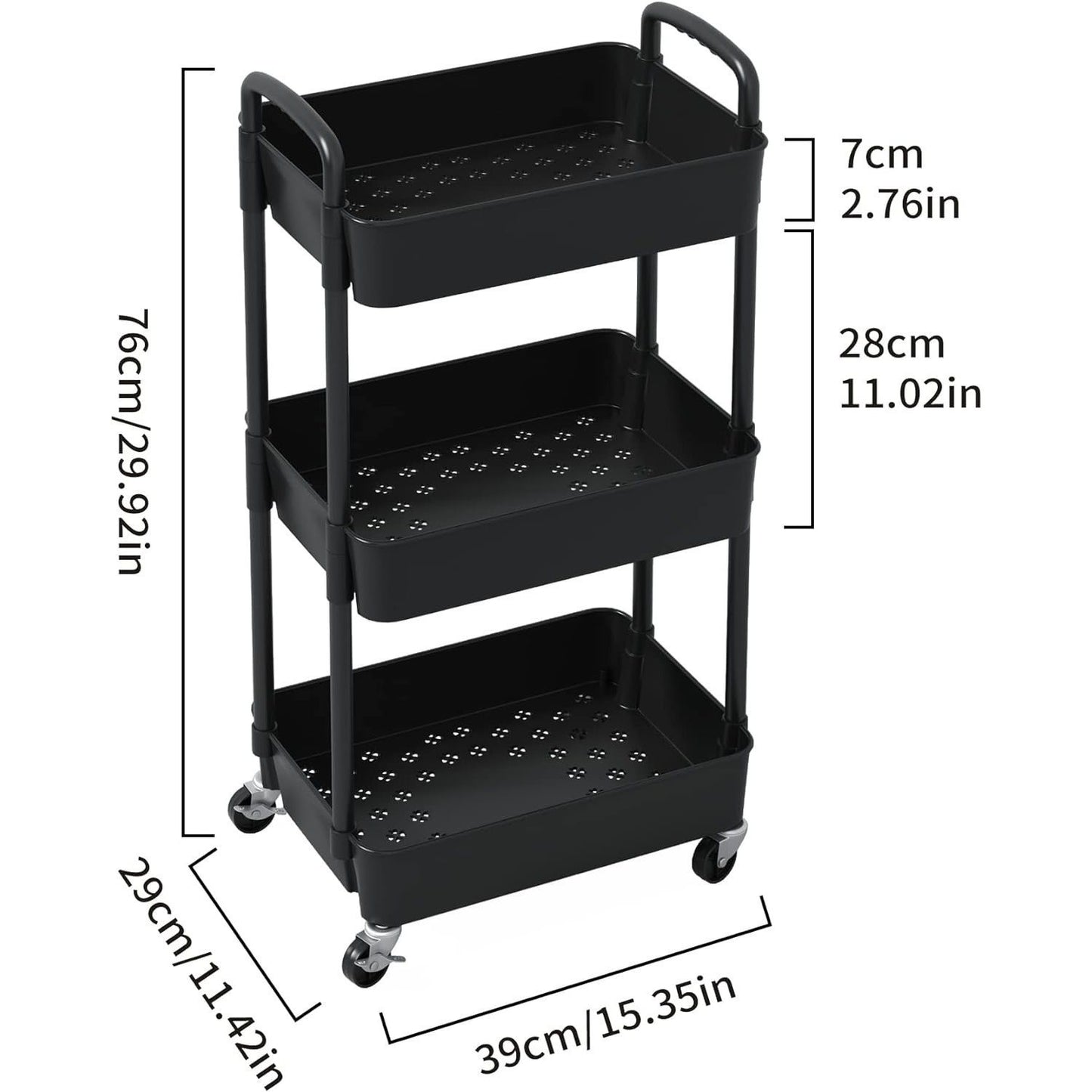 3-Tier Plastic Rolling Utility Cart with Handle, Multi-Functional Storage Trolley for Office, Living Room, Kitchen, Movable Storage Organizer with Wheels