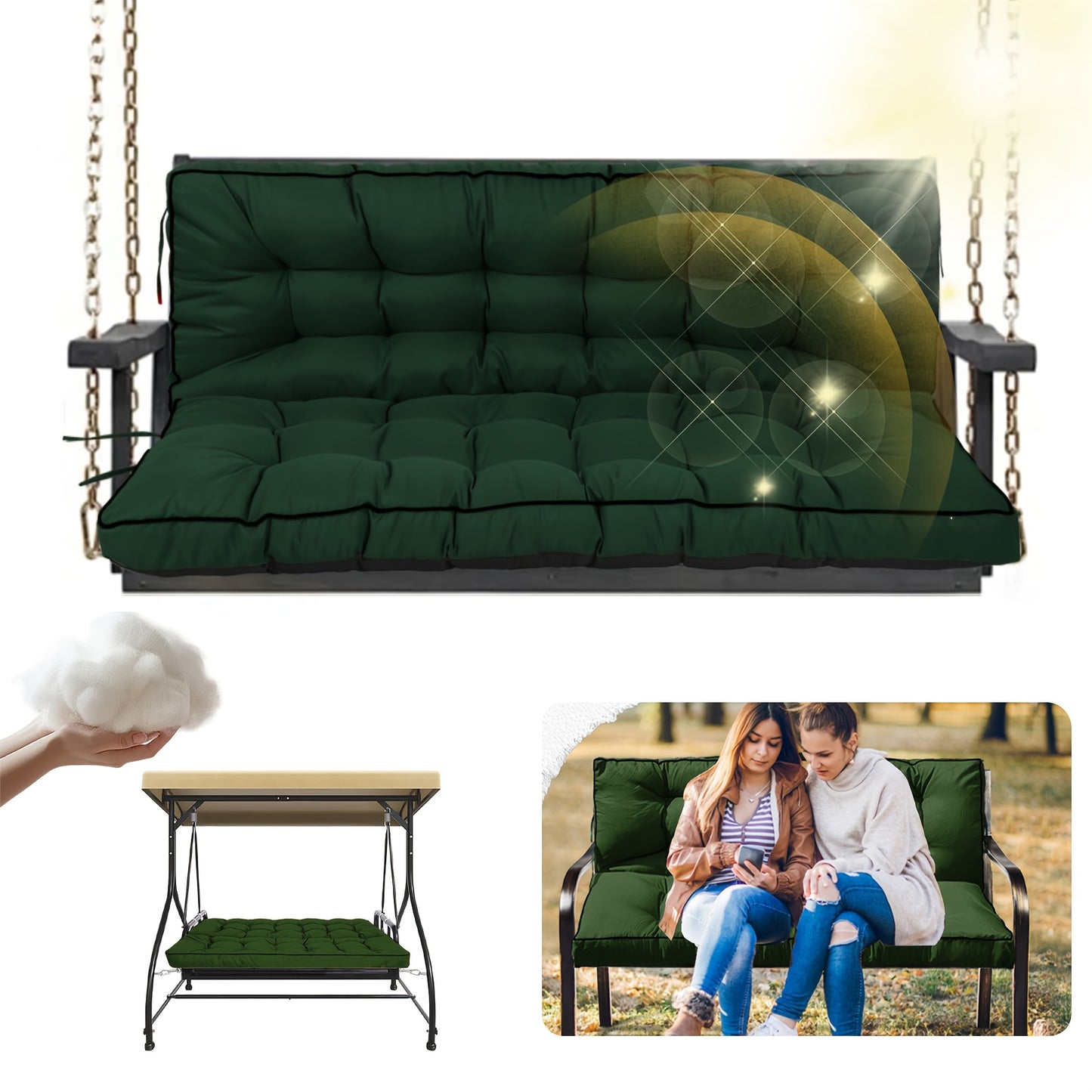 Porch Swing Cushions Waterproof All-Weather Fade-Resistant 60 Inch X 40 Thick 5'' Patio Chair Cushions with Ties for Backyard 2-3 Seater Replacement with Backrest Ergonomic Lumbar Support