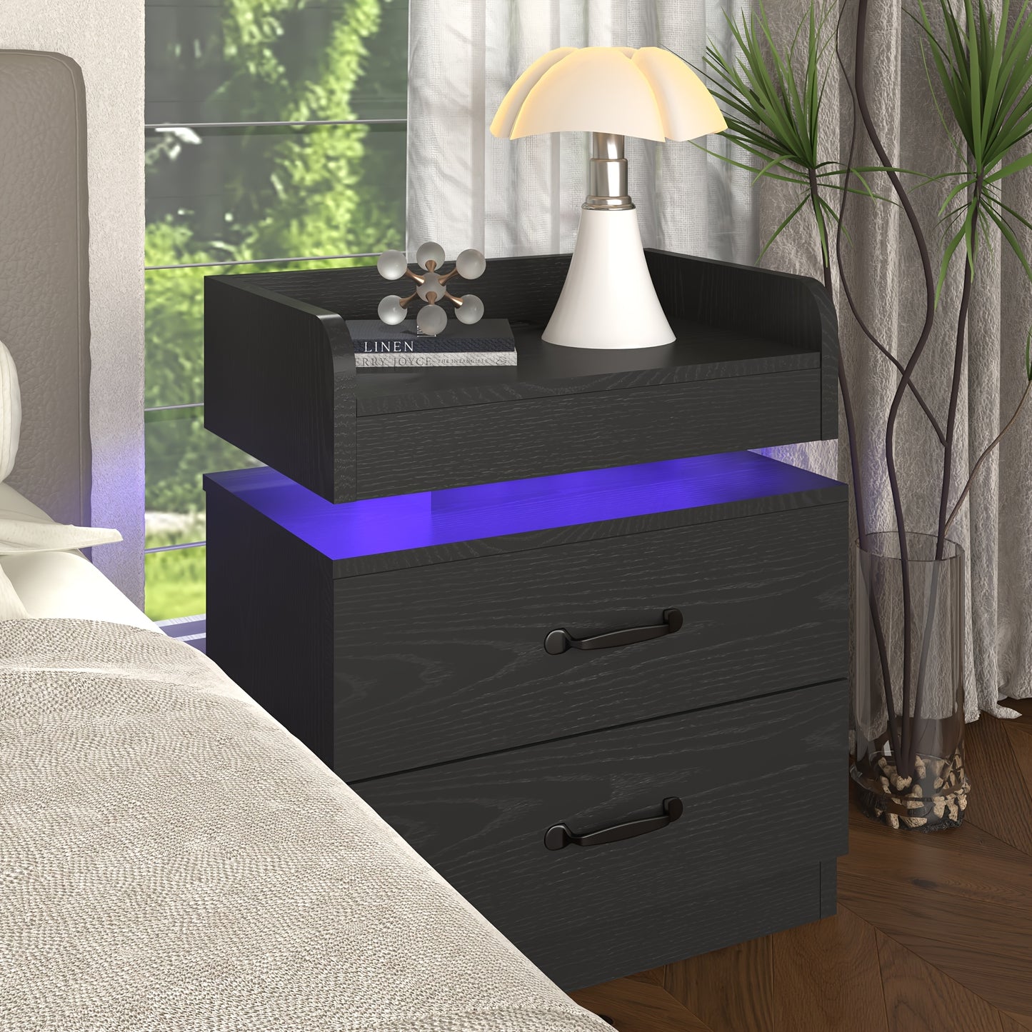 [LED Night Stand] Aerotier Decor, 1pc & 2pcs Black/White LED Night Stand With Charging Station, 1pc & 2pcs Bedroom Nightstand With 2 Drawers, LED Side Table For Bedroom & Living Room, Narrow Entryway Table, Smart Nightstand With Charging Station