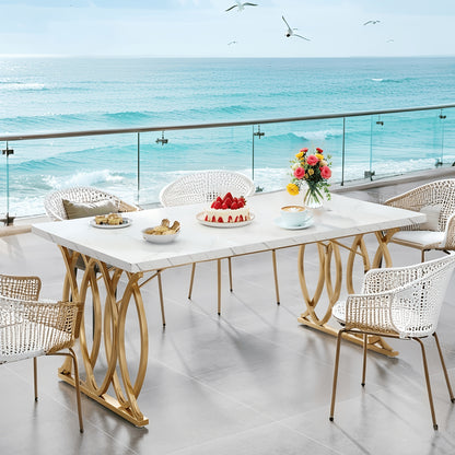 Modern Dining Table for 4-6 People, 63" Large Kitchen Table, Unique Rectangular Dinner Table, Dining Room Furniture with Faux Marble Tabletop And Geometric Legs