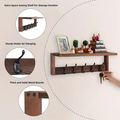 Heavy Duty Industrial Metal Wall-Mounted Coat Rack with Shelf & Hooks - Rustproof Entryway Organizer with Multi-Tier Storage, Space-Saving Design for Hallway, Porch, Mudroom - Sturdy Hardwood/Metal Construction, No Assembly Required