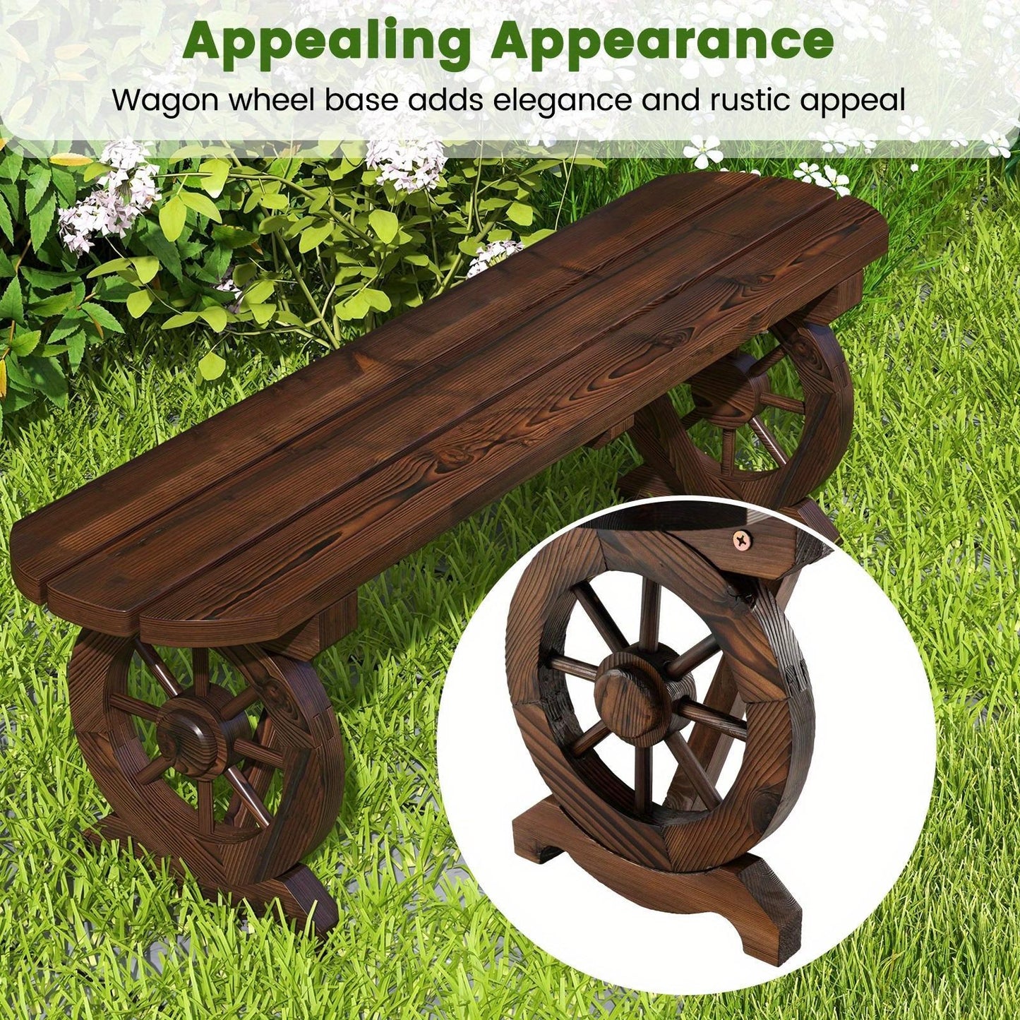 [Rustic Wood Bench] LIFEZEAL Patio Rustic Wood Bench, Carbonized Wood Long Bench W/ Wagon Wheel Base, Slatted Seat Design, 2-Seat Dining Bench for Garden, Backyard, Porch