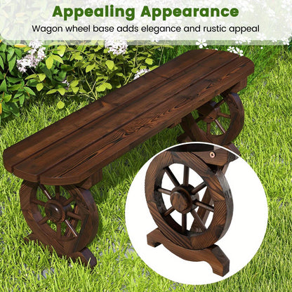[Rustic Wood Bench] LIFEZEAL Patio Rustic Wood Bench, Carbonized Wood Long Bench W/ Wagon Wheel Base, Slatted Seat Design, 2-Seat Dining Bench for Garden, Backyard, Porch