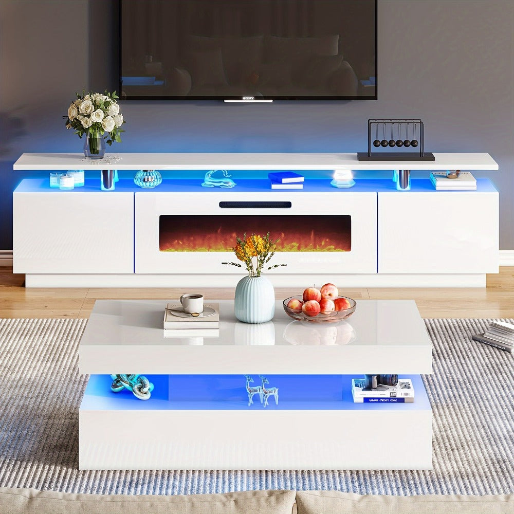 LED Coffee Table 40 Inch High Gloss 2-Tier Center Table with LED Lights & Open Storage – Modern Living Room Table in Black, White & Grey