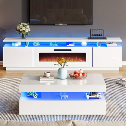 LED Coffee Table 40 Inch High Gloss 2-Tier Center Table with LED Lights & Open Storage – Modern Living Room Table in Black, White & Grey