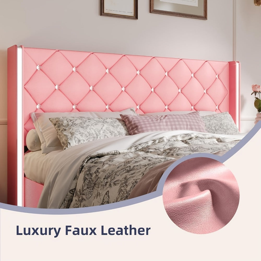 Diamond Tufted Bed Frame with Wingback Headboard & Silvery Side Wings – Upholstered, No Box Spring, Twin Full Queen King, 6 Colors
