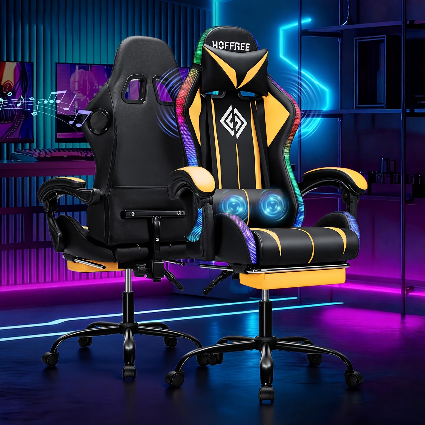 LED Gaming Chair with Wireless Speakers And Massage, Big And Tall Video Game Chair for 397Lbs with Footrest, Reclining High Back Computer Desk Chair
