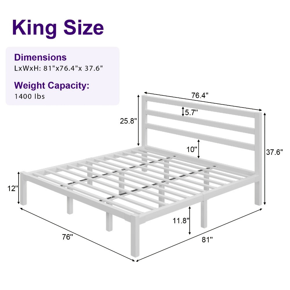 Metal Platform Bed Frame with Slatted Headboard – Under Bed Storage, No Box Spring Needed, Sturdy Metal Slats, Black White, Twin Full Queen King