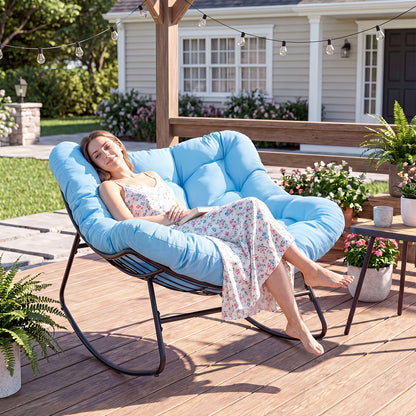 Outdoor Papasan Rocking Chair, 450 Lbs Oversized Comfy Patio Chair with Thickened Cushion, Egg Rocking Chairs, Rocker Chairs for Patio Porch Garden