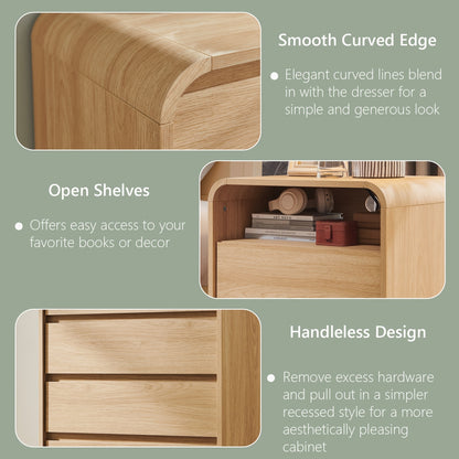 25" Tall Modern Nightstand with Charging Station, Wood Bedside Table with 2 Storage Drawers, Large Mid Century End Table for Bedroom, Living Room, Curved Profile Design