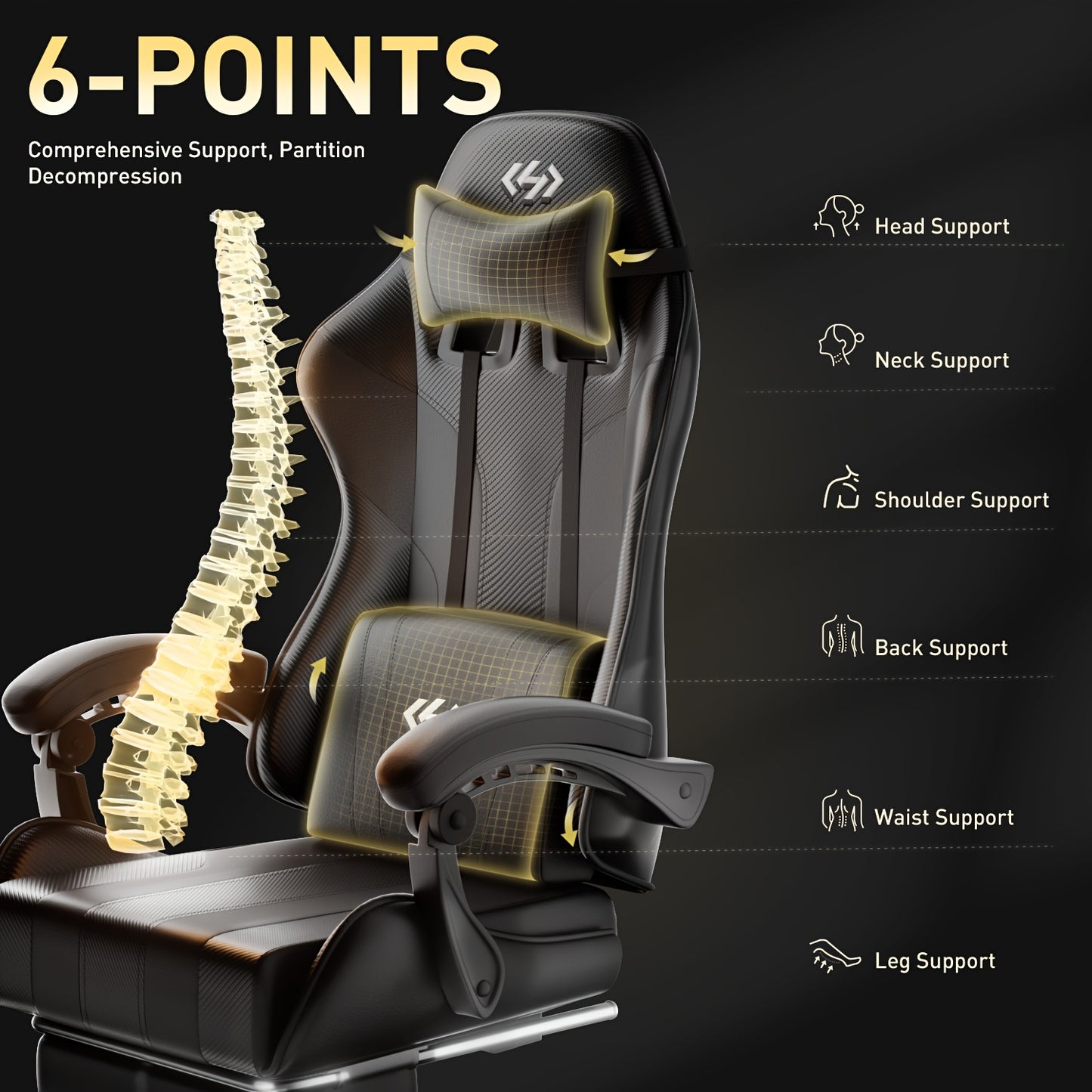 Ergonomic Gaming Chair with Spring Cushion, Retractable Footrest, Headrest & Lumbar Support, PU Leather Swivel Computer Desk Chair for Office & Gaming