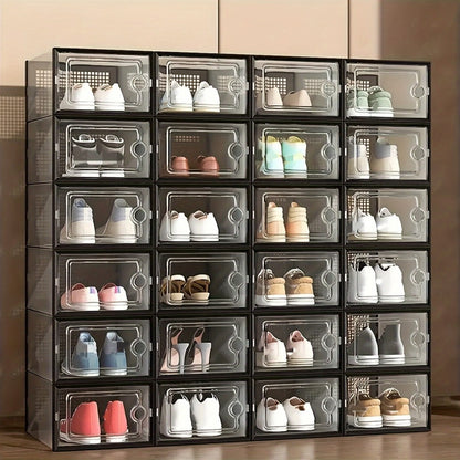 Transparent Shoe Boxes with Lid Stackable Foldable Clear Shoe Storage Organizer Set 6 12 24 Pcs Space Saving Plastic Shoe Containers for Closet Bedroom Entryway Dorm