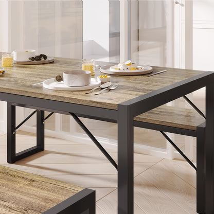 45.5" Dining Table Set For 4, Kitchen Table Set With 2 Benches, Dining Room Table Set With Metal Frame & MDF Board, Space-Saving Dinette For Kitchen, Dining Room -Black, Retro, Gray