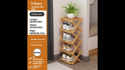 A Foldable Bamboo Shoe Rack, Crafted from High-quality Mountain Bamboo. Available in Multiple Tier Configurations. Sets up and Is Ready to Use Within 20 Seconds. Perfect for Small Spaces Near Home Entrances!