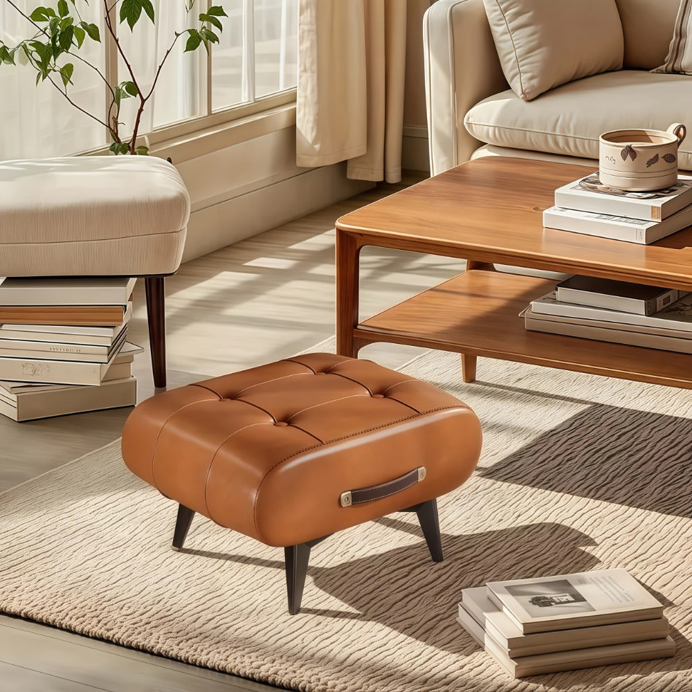 Faux Leather Ottoman Footstool, Small Square Accent Stool with Wooden Frame & Metal Legs for Living Room Entryway Bedroom Office, Retro Modern Shoe Changing Bench – Blue Brown Black Grey Green