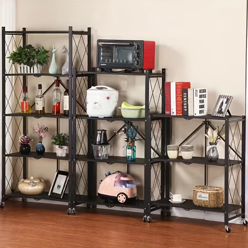 3/4/5-Tier Heavy-Duty Foldable Storage Shelf with Wheeled Shelves for Living Room, Kitchen, Garage, Office, Industrial - Space-Saving Baking Storage Rack Storage And Organization, No Assembly Required Folding Storage Shelf