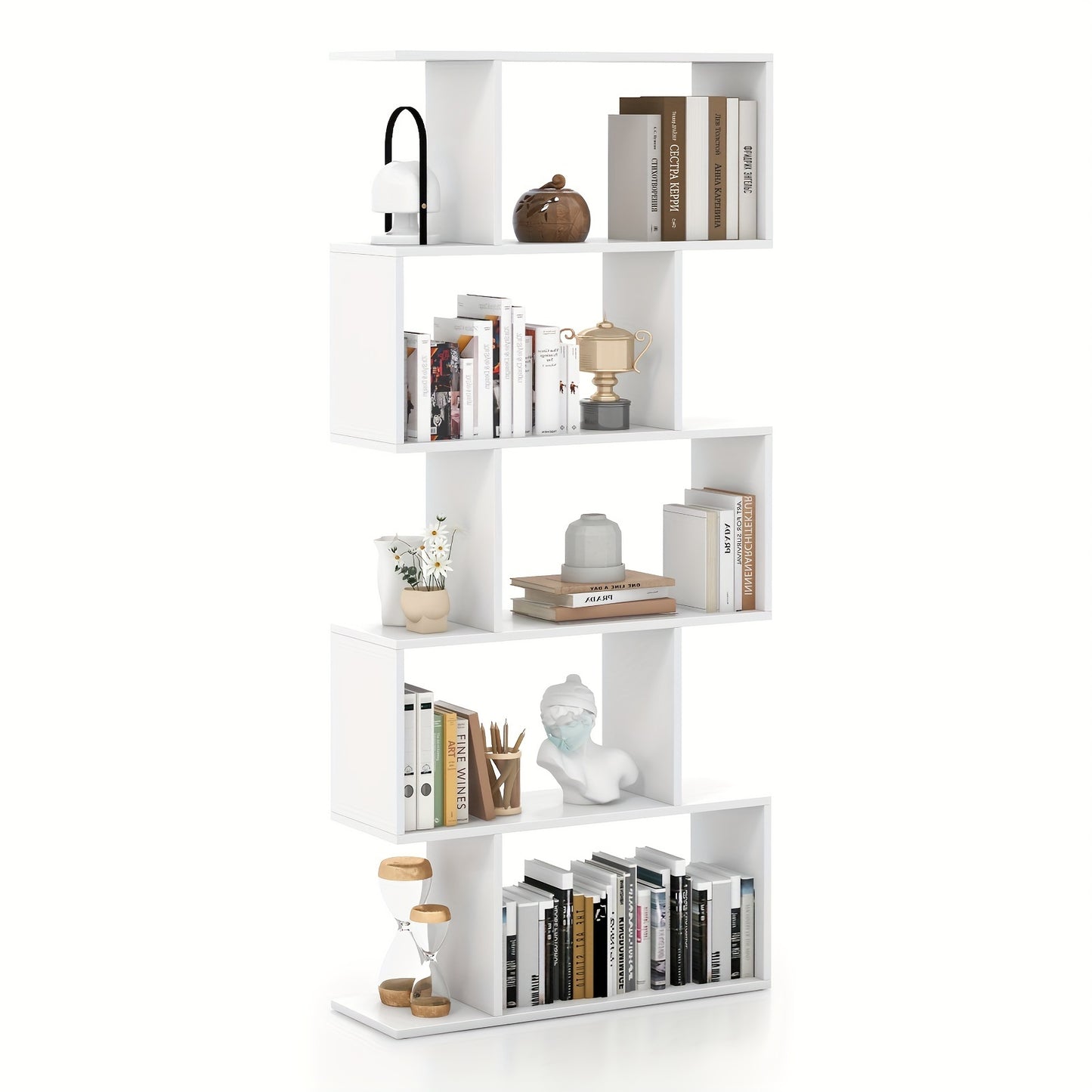 5-Tier Geometric S-Shaped Bookcase, Rustic Wooden Room Divider Storage Display Shelf, 62.5" Tall Freestanding Shelving Unit for Home & Office Decor