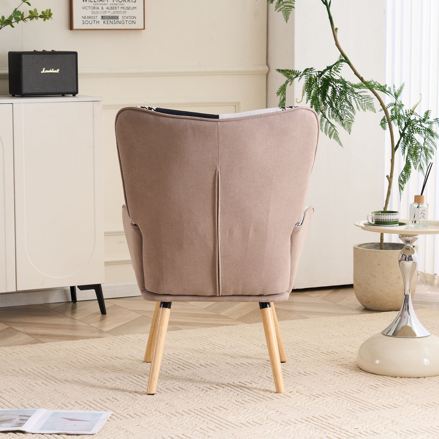 Patchwork Accent Chair High Back Armchair with Memory Foam Cushion & Hardwood Legs – 330 lbs Capacity Linen Upholstered Reading Chair for Living Room Bedroom Home Office, 6 Colors