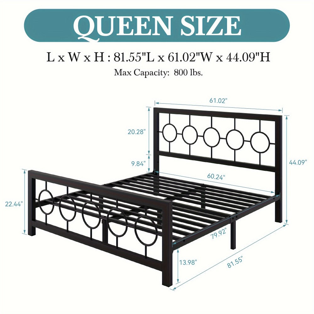 Metal Platform Bed Frame with Vintage Circular Design Headboard and Footboard Under Bed Storage No Box Spring Twin Full Queen King Black Brown