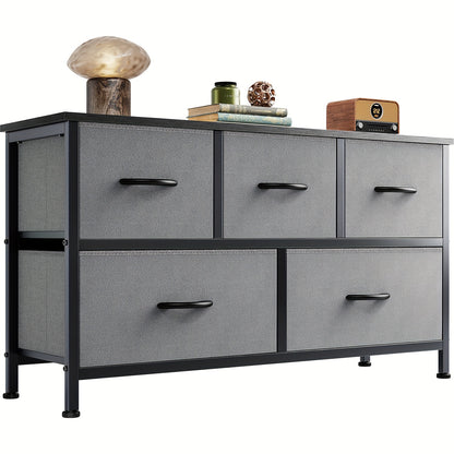 Dresser for Bedroom with 5 Fabric Drawers, Tall Chest Organizer Units for Clothing, Closet, Living Room, Storage Tower with Cabinet, Metal Frame, Wooden Top, Lightweight Furniture, 39.4 X 11.8 X 20.9in