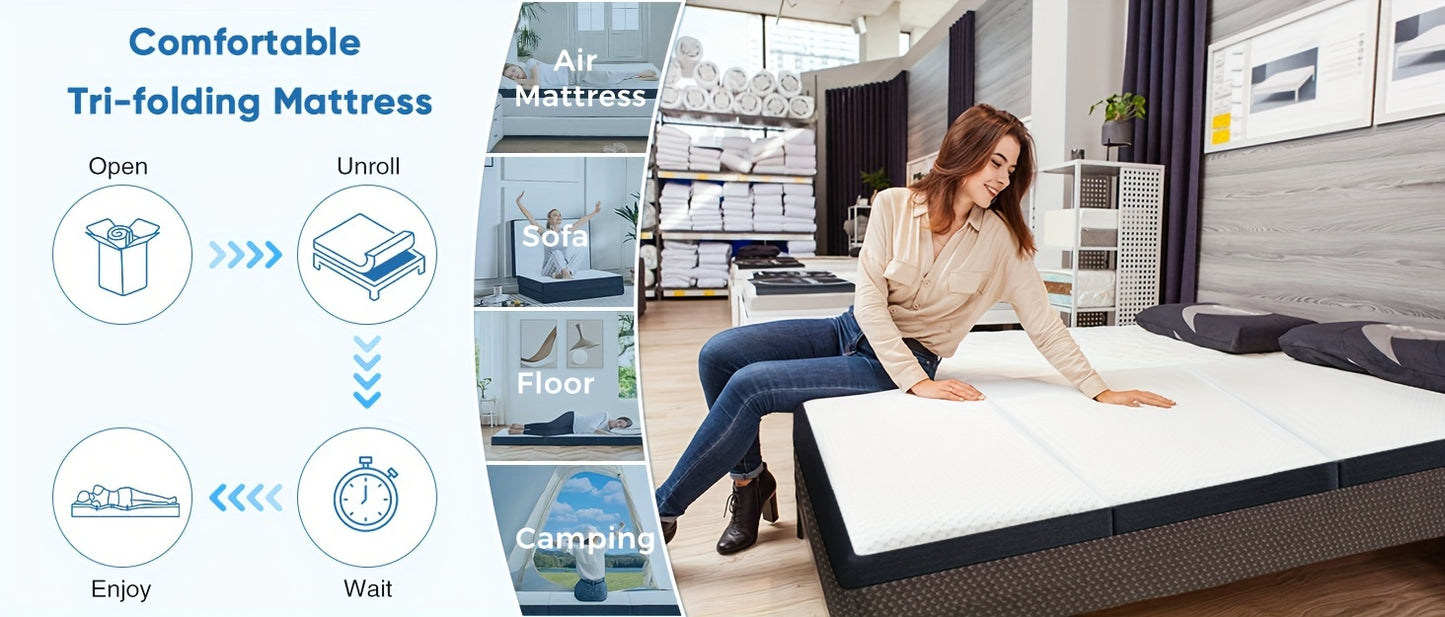Portable Tri-fold Mattress, Folding Memory Foam Mattress Topper for Camping, Foldable Mattress Topper with Washable Cover, Guest