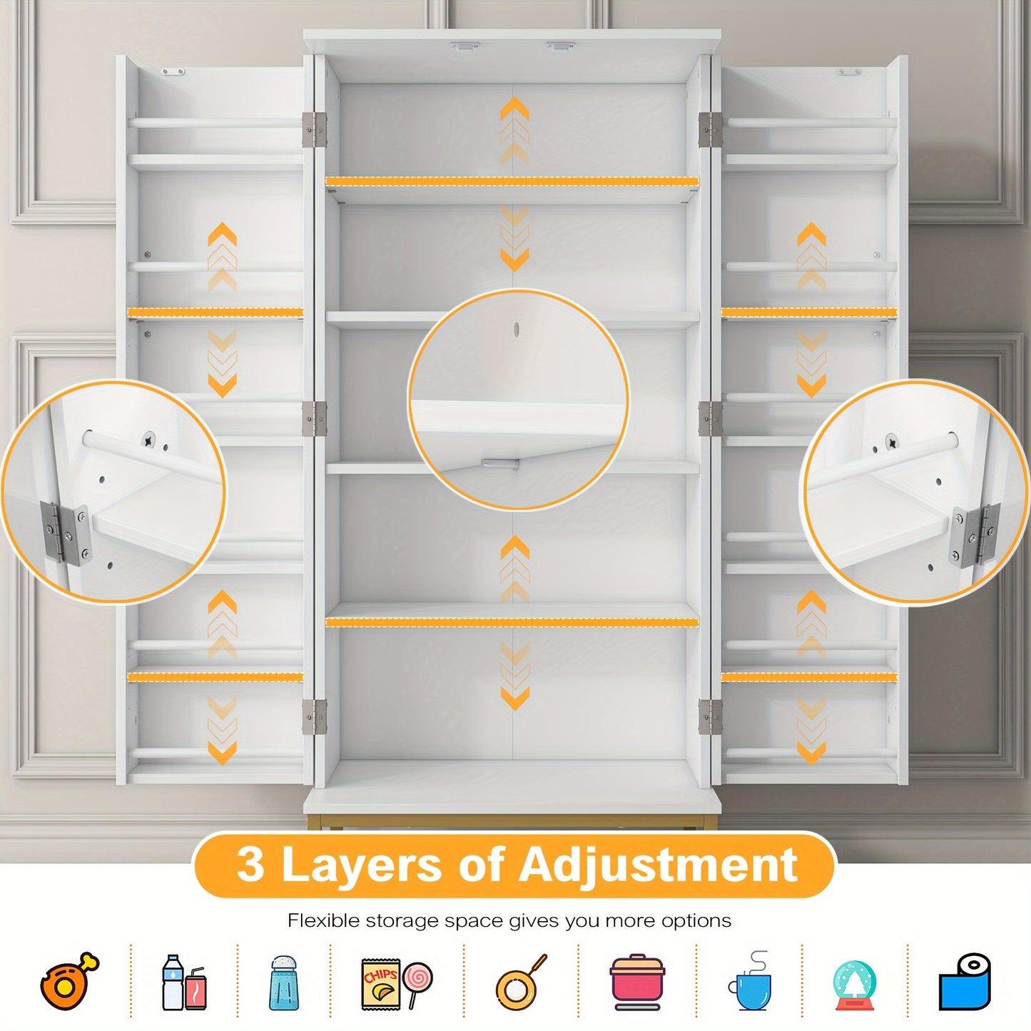 51" Modern Kitchen Pantry Cabinet with 6 Adjustable Shelves, Multi-Function Storage Cabinet with Golden Metal Base, Versatile Large Buffet Cupboards Sideboard for Dining Room, Bathroom, Living Room, Laundry, White And Golden