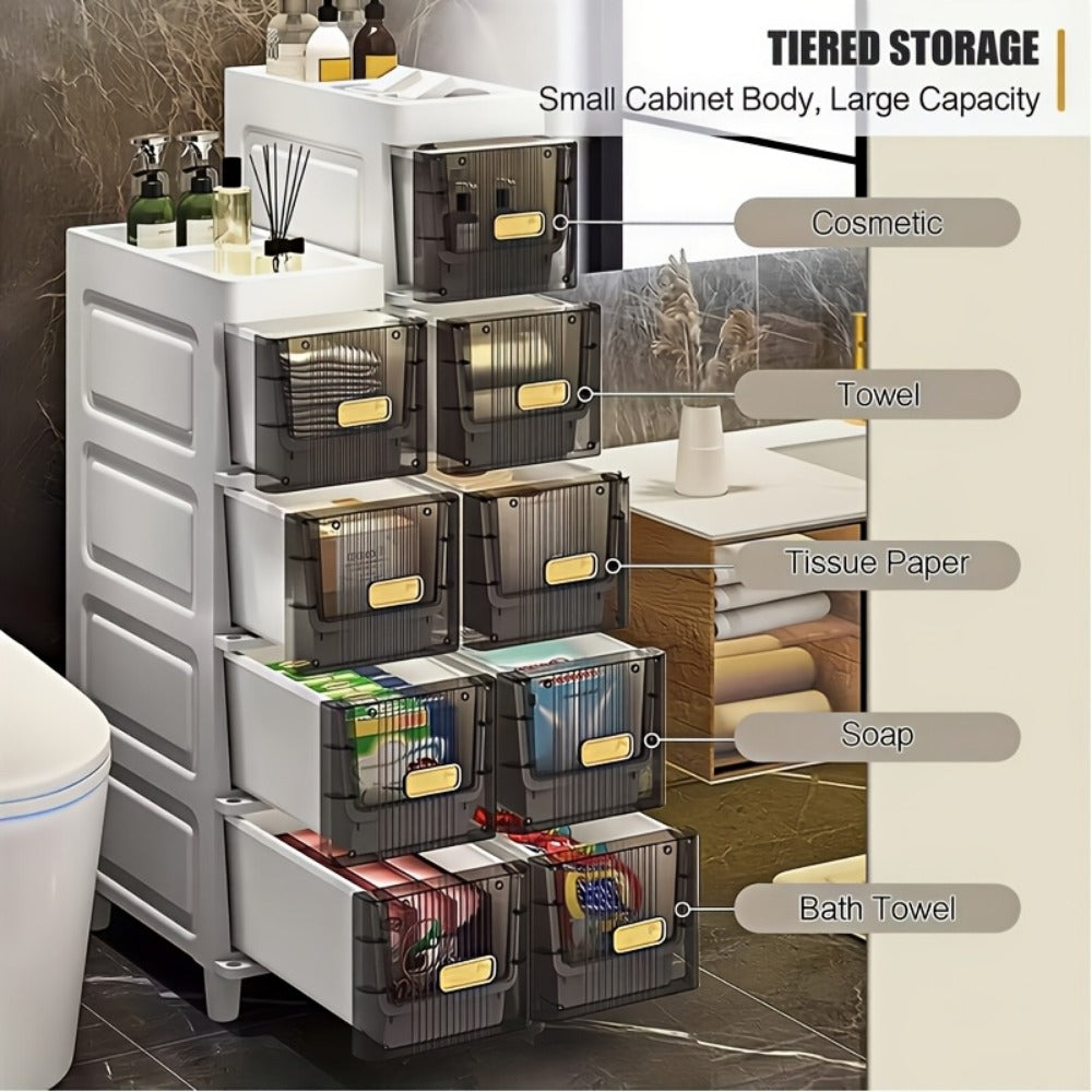 Slim Storage Cabinet with Drawers, Waterproof PP Material, 3 4 5 6 Layer Drawer Unit for Bathroom Kitchen Bedroom Small Spaces Organization